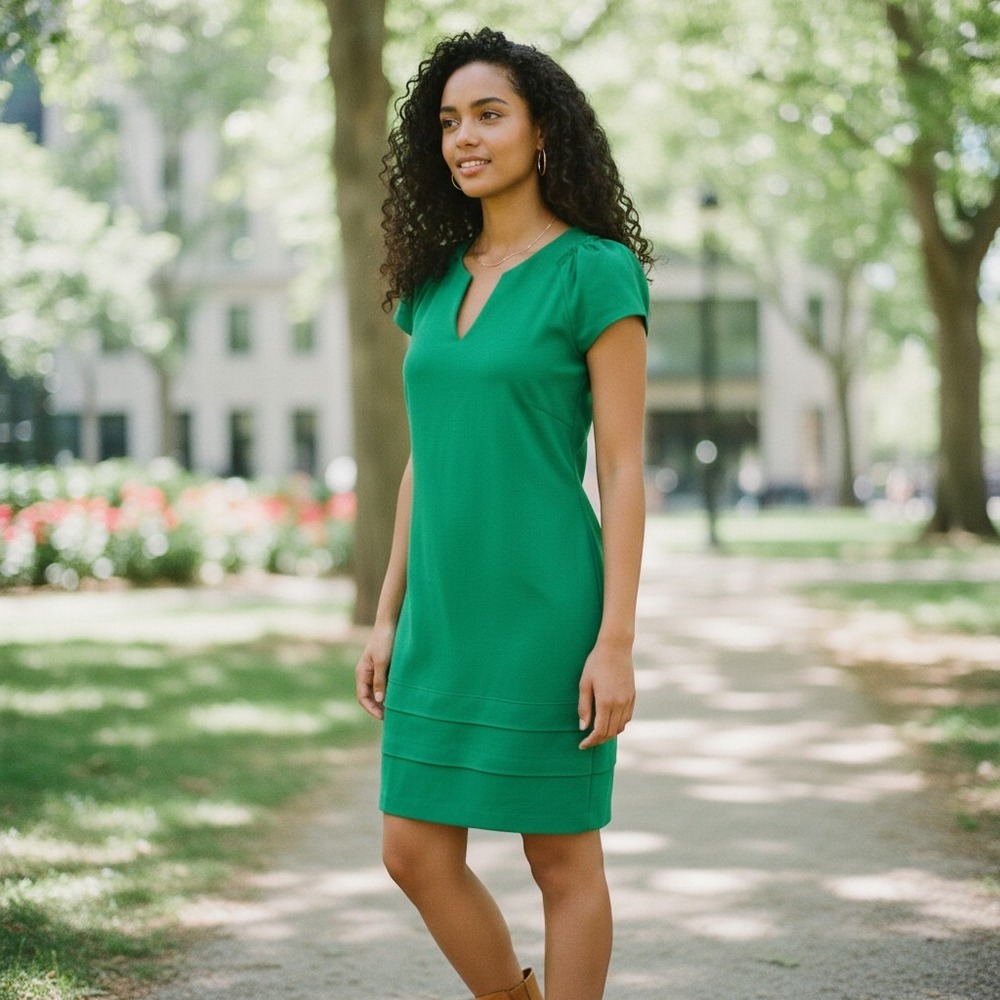 Laurèl Green Sheath Dress Size 38 Emerald Notched Neck Puff Sleeve Excellent